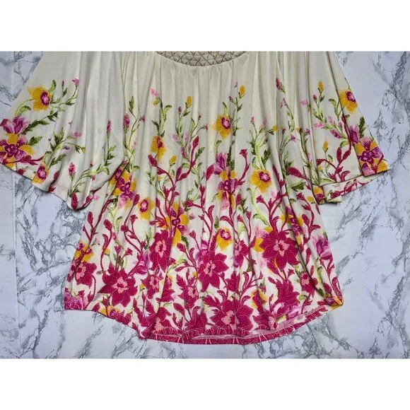 JM Collection XL Floral Boho Top Cream/Pink Short Bell Sleeves Smocked Neckline - Picture 5 of 13